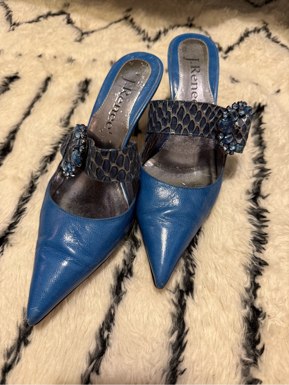 J.Renee Blue Pointed Toe Mule with Jeweled Buckle and Textured Strap